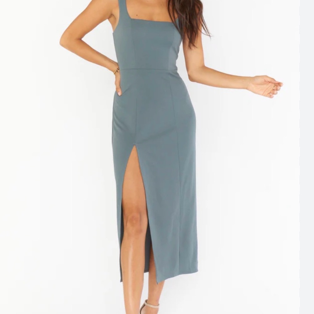 Show Me Your MuMu Slate Blue Square-Neck Midi Dress with Thigh Slit